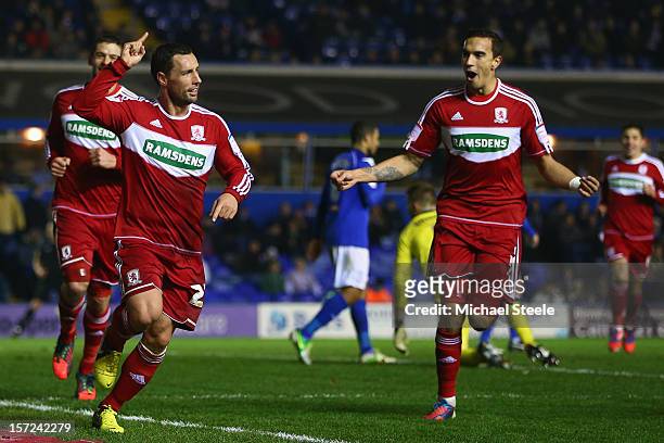 Scott McDonald of Middlesbrough celebrates scoring his sides second goal with Seb Hines during the npower Championship match between Birmingham City...