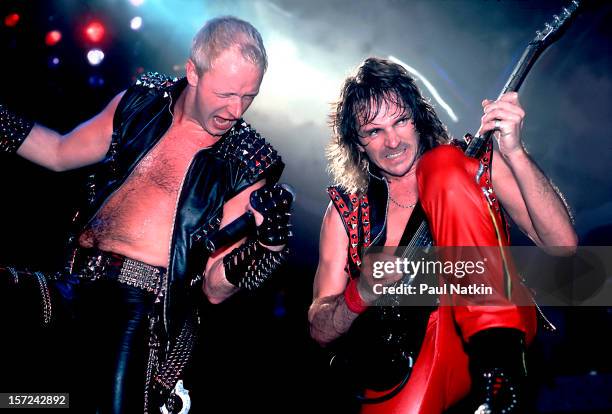 British heavy metal group Judas Priest perform onstage at the Rosemont Horizon, Rosemont, Illinois, June 14, 1984. Pictured are singer Rob Halford...