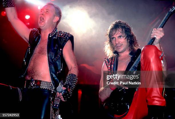 British heavy metal group Judas Priest perform onstage at the Rosemont Horizon, Rosemont, Illinois, June 14, 1984. Pictured are singer Rob Halford...