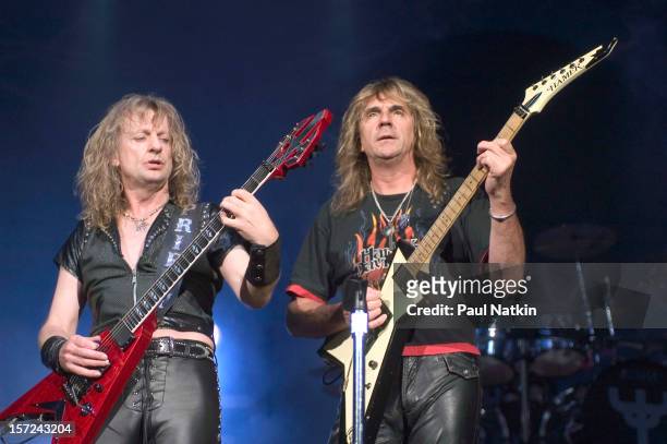 British heavy metal group Judas Priest perform onstage at Alpine Valley, East Troy, Wisconsin, August 14, 2004. Pictured are guitarists KK Downing...