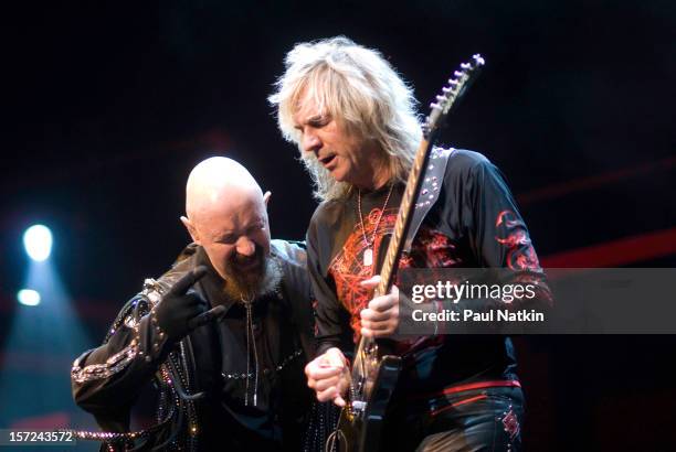 British heavy metal group Judas Priest perform onstage at the First Midwest Bank Ampitheater, Chicago, Illinois, August 19, 2008. Pictured are singer...