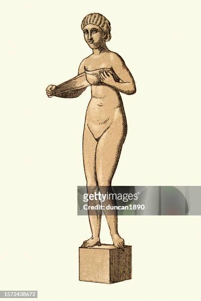stockillustraties, clipart, cartoons en iconen met chest binding in ancient greece, young greek woman using cloth to bind breast, history of fashion - binders