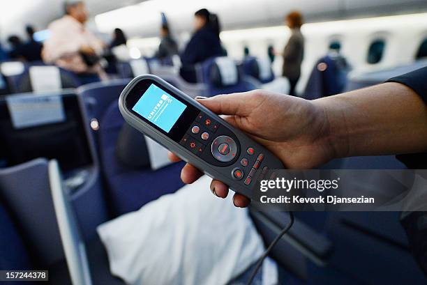 Joystick for the personal entertainment systems is shown on the United Airlines Boeing 787 Dreamliner at Los Angeles International Airport on...