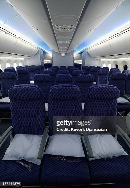 The Economy class with LED cabin lighting is seen on the United Airlines Boeing 787 Dreamliner at Los Angeles International Airport on November 30,...
