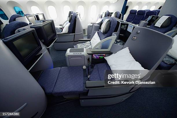 The Business First Class seats are seen on the United Airlines Boeing 787 Dreamliner at Los Angeles International Airport November 30, 2012 in Los...