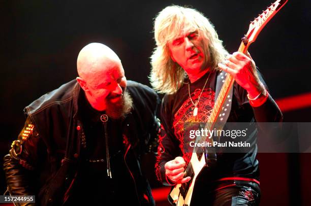 British heavy metal group Judas Priest perform onstage at the First Midwest Bank Ampitheater, Chicago, Illinois, August 19, 2008. Pictured are singer...