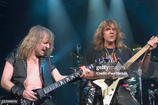 British heavy metal group Judas Priest perform onstage at Alpine Valley, East Troy, Wisconsin, August 14, 2004. Pictured are guitarists KK Downing...