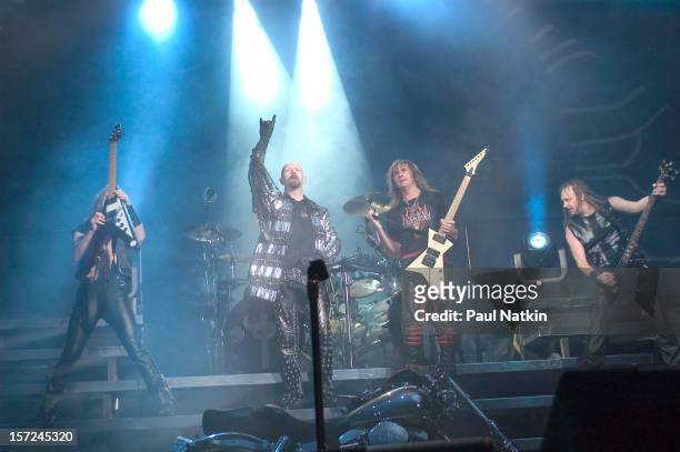 British heavy metal group Judas Priest perform onstage at Alpine Valley, East Troy, Wisconsin, August 14, 2004. Pictured are, from left, guitarist KK...