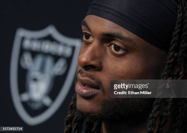 Wide receiver Davante Adams of the Las Vegas Raiders speaks at a news conference after the first practice of the team's training camp at the Las...
