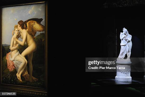 Francois Gerard's painting "Psyche at l'Amour" and Antonio Canova's sculpture 'Amore e Psiche' are displayed at the exhibition opening of Antonio...