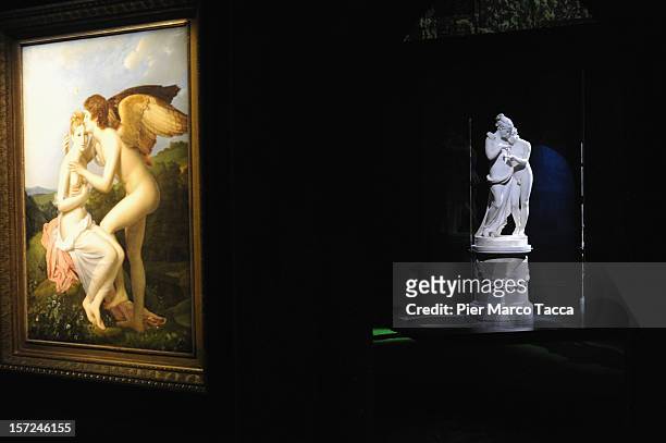 Francois Gerard's painting "Psyche at l'Amour" and Antonio Canova's sculpture 'Amore e Psiche' are displayed at the exhibition opening of Antonio...