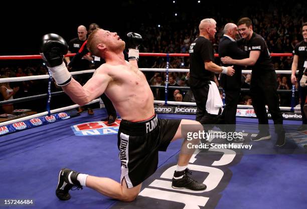 Andrew Flintoff celebrates after victory in his International Heavyweight bout with Richard Dawson at MEN Arena on November 30, 2012 in Manchester,...