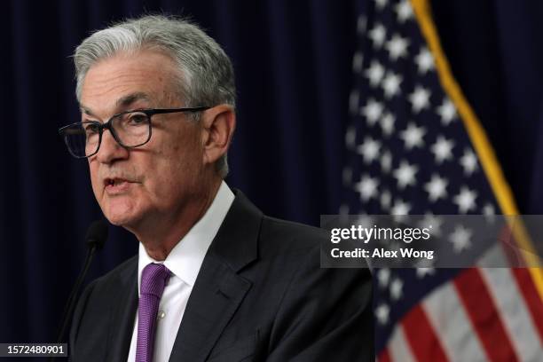 Federal Reserve Board Chairman Jerome Powell speaks during a news conference after a Federal Open Market Committee meeting on July 26, 2023 at the...