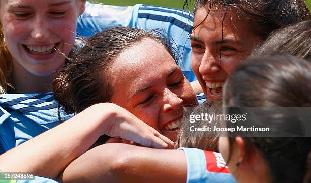 Teammates congratulate Emma Kete of Sydney FC after she scored the winning goal during the round seven W-League match between Sydney FC and Canberra...