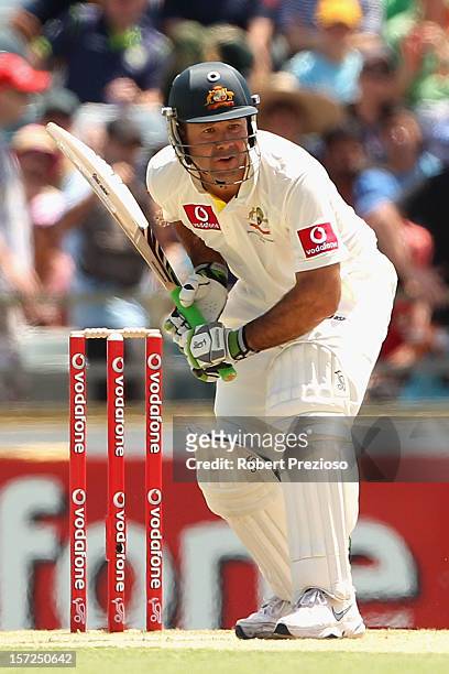 Ricky Ponting of Australia prepares to play a shot during day two of the Third Test Match between Australia and South Africa at the WACA on December...