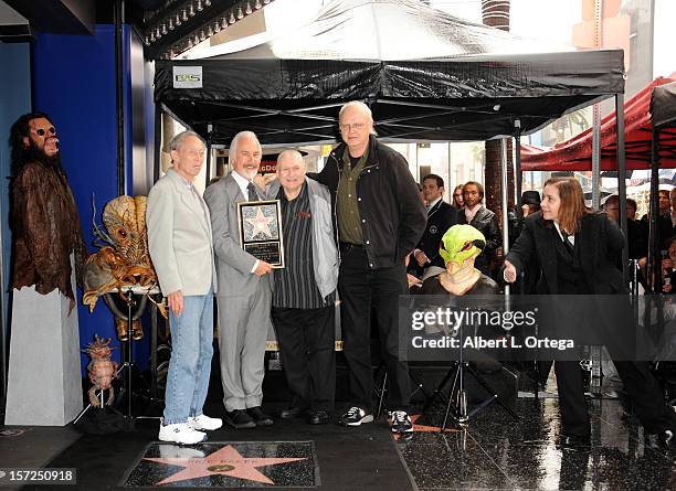 Make-up artists Dick Smith, Rick Baker, Bob Burns and special visual effects artist Dennis Muren participate in the Rick Baker Star ceremony on The...