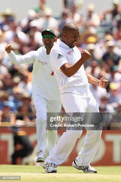 Vernon Philander of South Africa celebrates the wicket of Ricky Ponting of Australia during day two of the Third Test Match between Australia and...