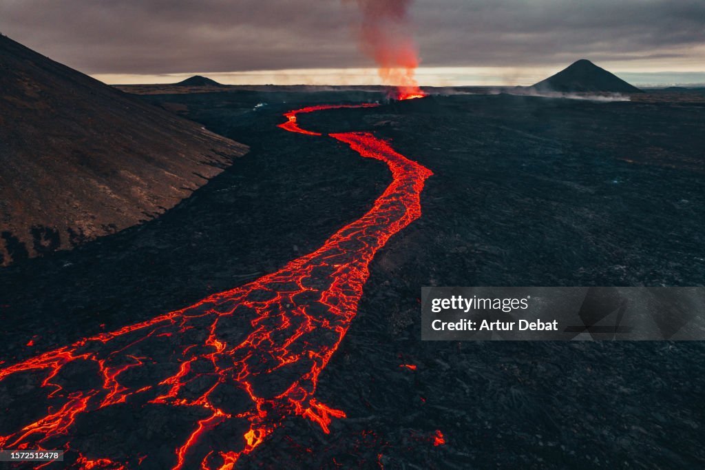 Aerial view by drone of the dramatic new volcanic eruption in Iceland with lava flowing. Litli-Hrutur 2023.