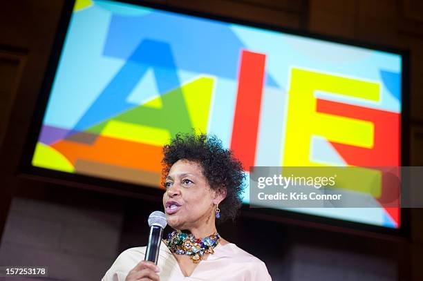 Carrie Mae Weems speaks during the Art In Embassies 50th Anniversary Celebration at Smithsonian National Museum Of American History on November 30,...