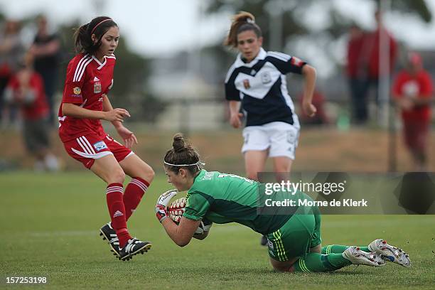 Brianna Davey of Melbourne makes a save during the round seven W-League match between Adelaide United and the Melbourne Victory at Burton Park on...