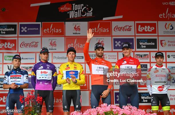 Stage winner Andrea Bagioli of Italy and Team Soudal-Quick Step, Brent Van Moer of Belgium and Team Lotto-Dstny - Purple Sprint Jersey, Timo Kielich...