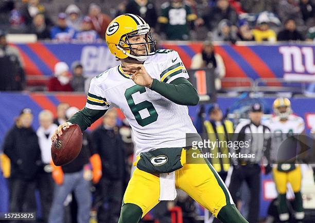 Graham Harrell of the Green Bay Packers in action against the New York Giants at MetLife Stadium on November 25, 2012 in East Rutherford, New Jersey....