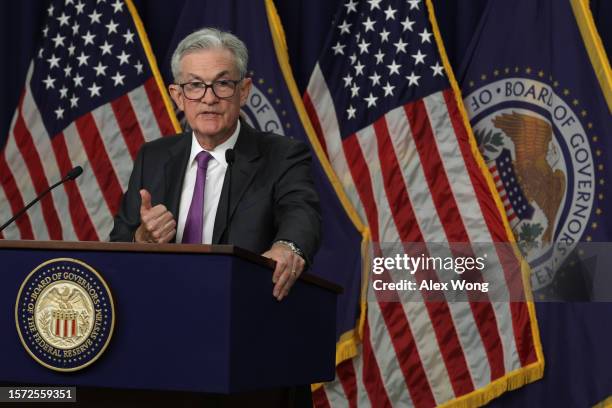 Federal Reserve Board Chairman Jerome Powell speaks during a news conference after a Federal Open Market Committee meeting on July 26, 2023 at the...