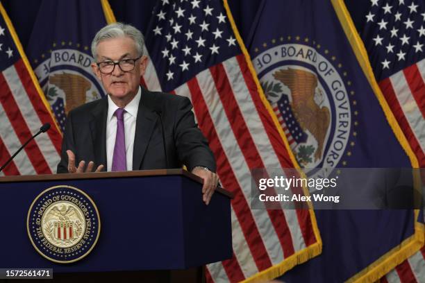 Federal Reserve Board Chairman Jerome Powell speaks during a news conference after a Federal Open Market Committee meeting on July 26, 2023 at the...