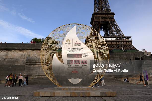 The official Omega Olympic countdown clock located beside the River Seine displays the 366 remaining days until the Opening Ceremony of the Paris...