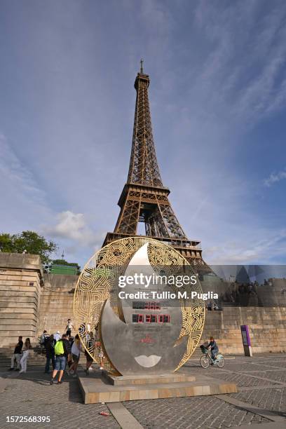The official Omega Olympic countdown clock located beside the River Seine displays the 366 remaining days until the Opening Ceremony of the Paris...