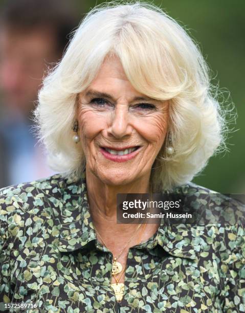 Queen Camilla visits Sandringham Flower Show at Sandringham House on July 26, 2023 in King's Lynn, England.