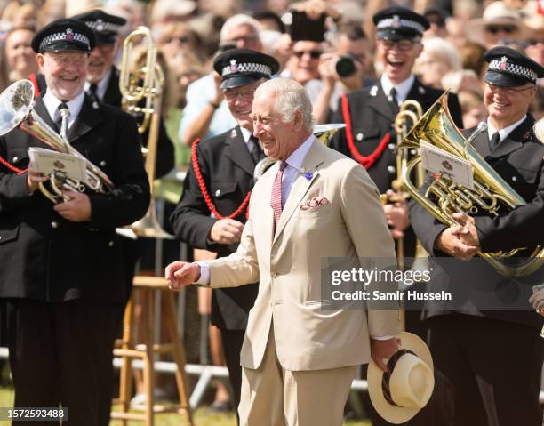 King Charles III visits Sandringham Flower Show at Sandringham House on July 26, 2023 in King's Lynn, England.