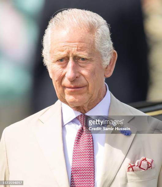 King Charles III visits Sandringham Flower Show at Sandringham House on July 26, 2023 in King's Lynn, England.