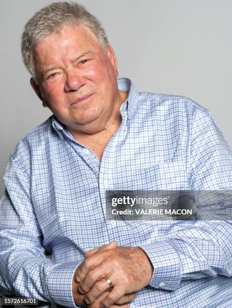 Canadian actor William Shatner poses for a photo after talking to fans in Australia using Hologram technology, in Van Nuys, California, on August 1,...