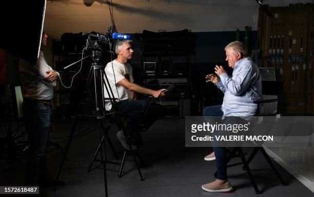 Canadian actor William Shatner answers questions from AFP bureau chief Huw Griffith, after talking to fans in Australia using Hologram technology, in...
