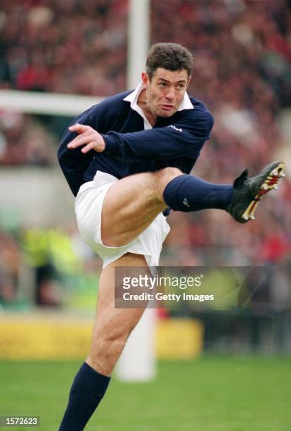 Gavin Hastings of Scotland clears his lines during the 1995 Five Nations Cup match between England and Scotland played at Twickenham in London. \...