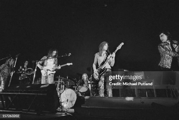 English rock band Roxy Music on stage at the Empire Pool, Wembley, London, 30th June 1972. From left to right, Brian Eno, Andy Mackay, Phil...