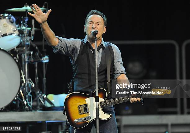 Bruce Spingsteen of Bruce Springsteen and the E Street Band performs in support of his Wrecking Ball release at Oracle Arena on November 30, 2012 in...