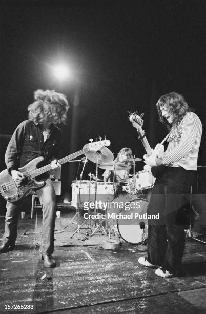 Irish singer and guitarist Rory Gallagher performing with bassist Gerry McAvoy and drummer Wilgar Campbell at the Roundhouse, Camden, London, 4th May...