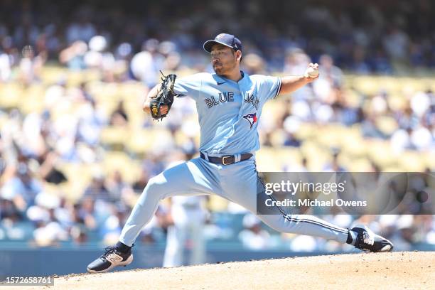 Yusei Kikuchi of the Toronto Blue Jays pitches against the Los Angeles Dodgers during the second inning at Dodger Stadium on July 26, 2023 in Los...