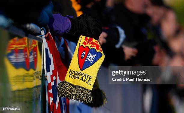 Harrogate fan holds a scarf during the FA Cup second round match between Harrogate Town and Hastings United at the CNG Stadium on December 1, 2012 in...