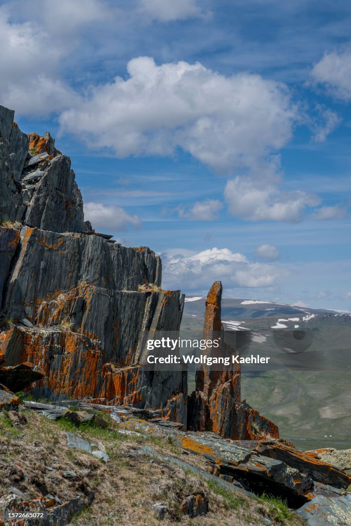 Rock formations (rocks covered with lichens) up a remote...