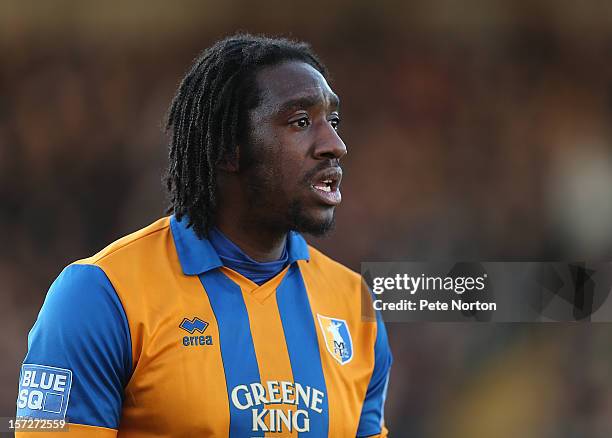 Exodus Geohaghon of Mansfield Town in action during the FA Cup with Budweiser Second Round match at Sincil Bank Stadium on December 1, 2012 in...