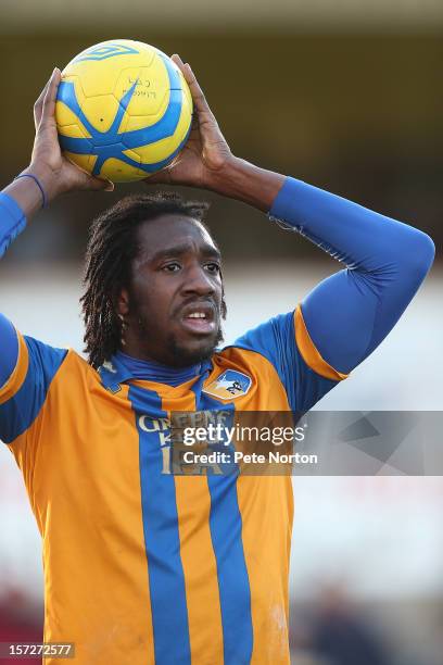 Exodus Geohaghon of Mansfield Town in action during the FA Cup with Budweiser Second Round match at Sincil Bank Stadium on December 1, 2012 in...