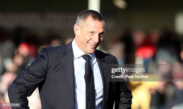 Lincoln City manager David Holdsworth looks on during the FA Cup with Budweiser Second Round match at Sincil Bank Stadium on December 1, 2012 in...