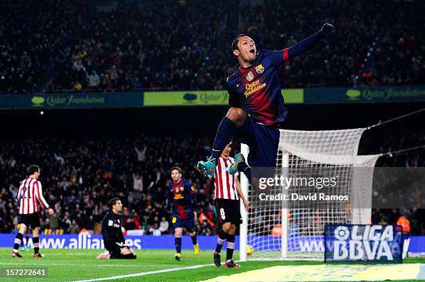 Adriano Correia of FC Barcelona celebrates after scoring his team's third goal during the La Liga match between FC Barcelona and Athletic Club at...