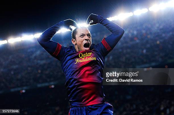 Adriano Correia of FC Barcelona celebrates after scoring his team's third goal during the La Liga match between FC Barcelona and Athletic Club at...