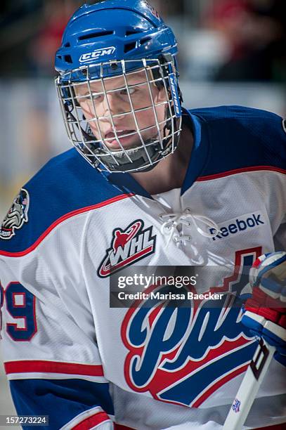 Austin Wagner of the Regina Pats skates on the ice during warm ups before the game against the Kelowna Rockets on November 23, 2012 at Prospera Place...