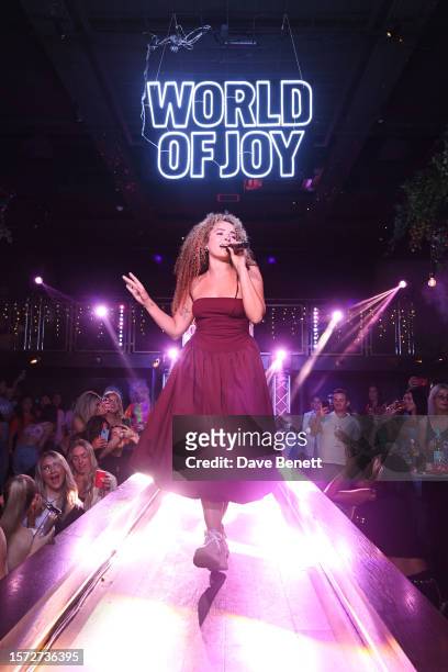 Ella Eyre performs at the launch of new wine brand 'JOY' on August 2, 2023 in Manchester, England.