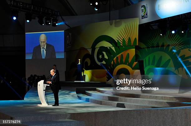 Joseph S. Blatter, president of FIFA during the Draw for the FIFA Confederations Cup at Anhembi Convention Center on December 01, 2012 in São Paulo,...